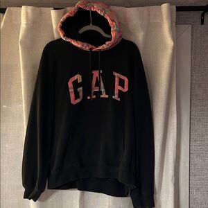 GAP Black Hoodie with Pink Plaid Trim and Logo